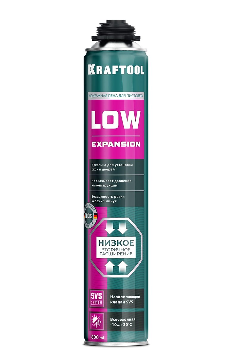 KRAFTOOL LOW EXPANSION, 800 мл, пистолетная, всесезонная, SVS, не залипающий клапан, выход до 50 л, монтажная пена (41181)