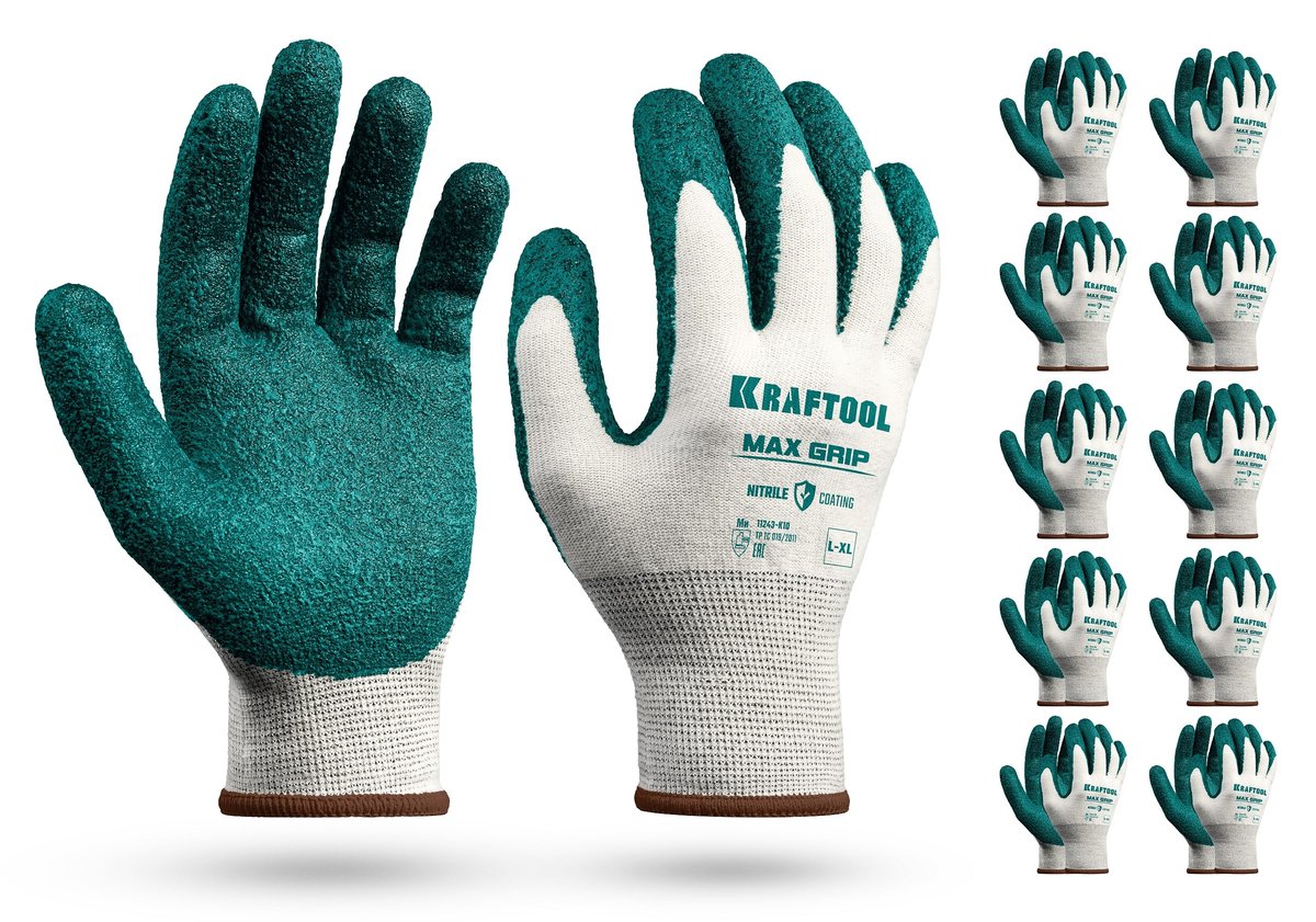 KRAFTOOL MaxGrip, L-XL, х/б перчатки с текстурированным нитриловым обливом, 15 класс, 10 пар (11243-K10)