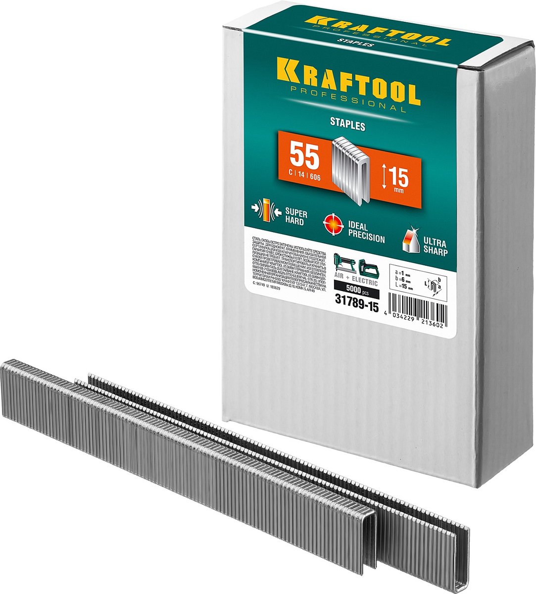 KRAFTOOL скобы тип 55 (90/C), 15 мм, калибр 18GA. 5000 шт (31789-15)